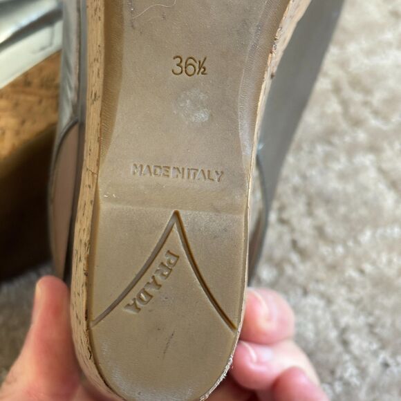 Prada Patent Leather Slingback Platform Wedge Sandal Womens 36.5 Silver Peeptoe - Picture 11 of 14